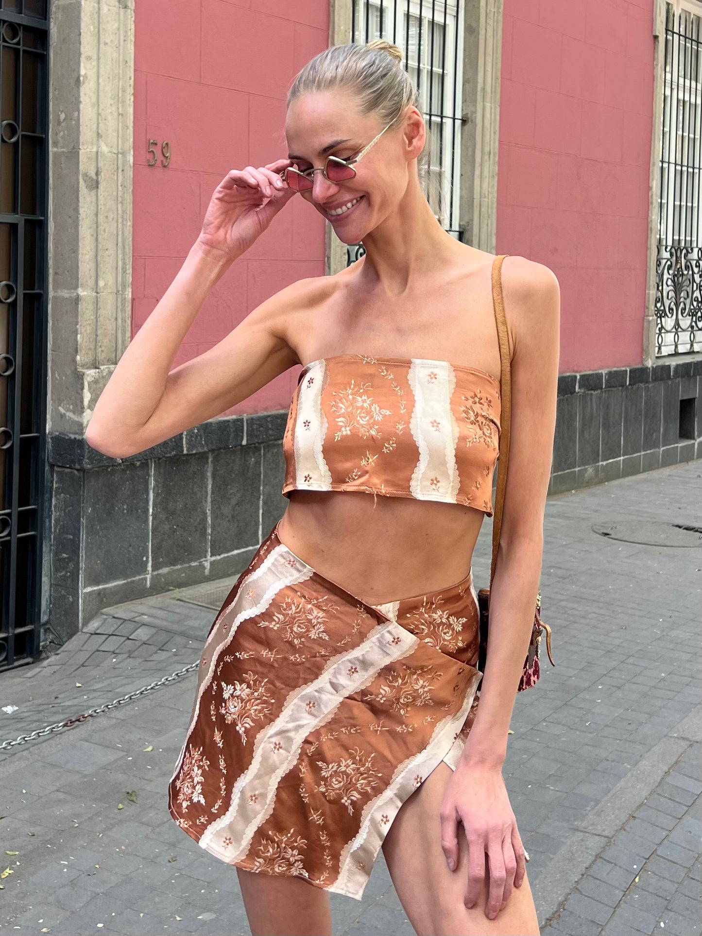Aya mini flap skirt with matching bandeau in brown floral satin