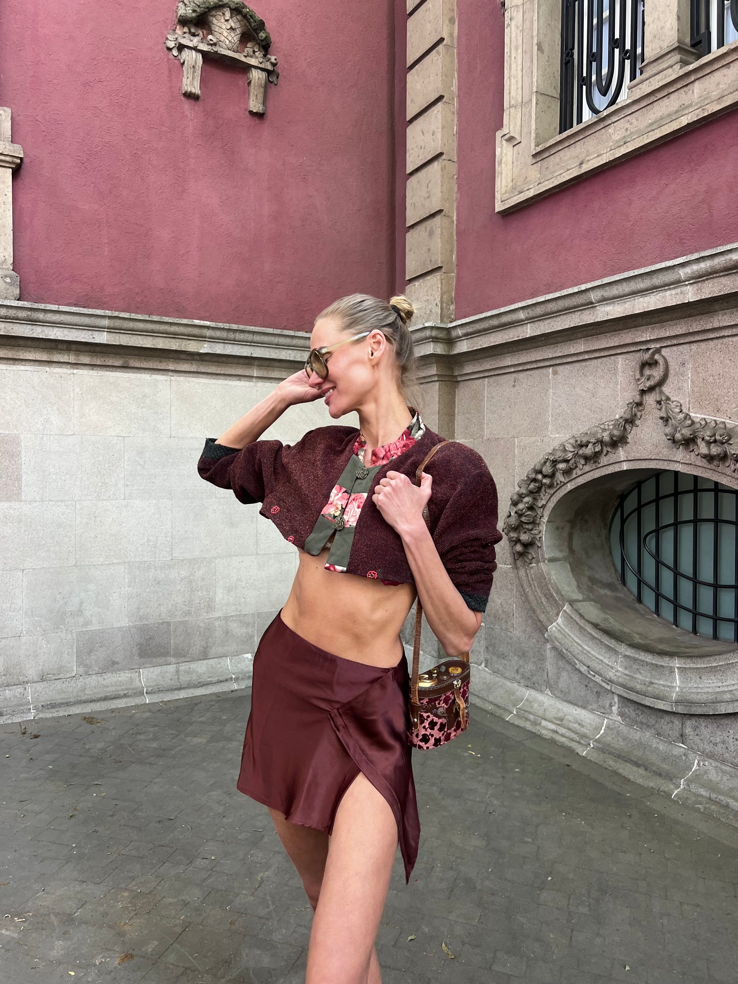 Aya mini flap skirt in deep bordeaux satin