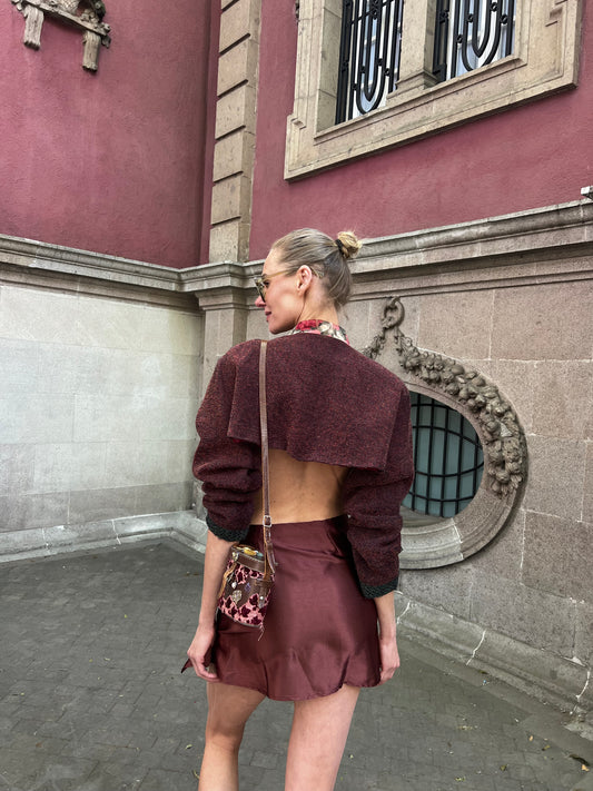 Aya mini flap skirt in deep bordeaux satin