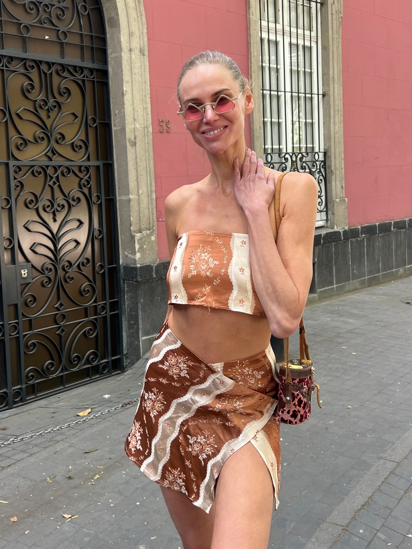 Aya mini flap skirt with matching bandeau in brown floral satin