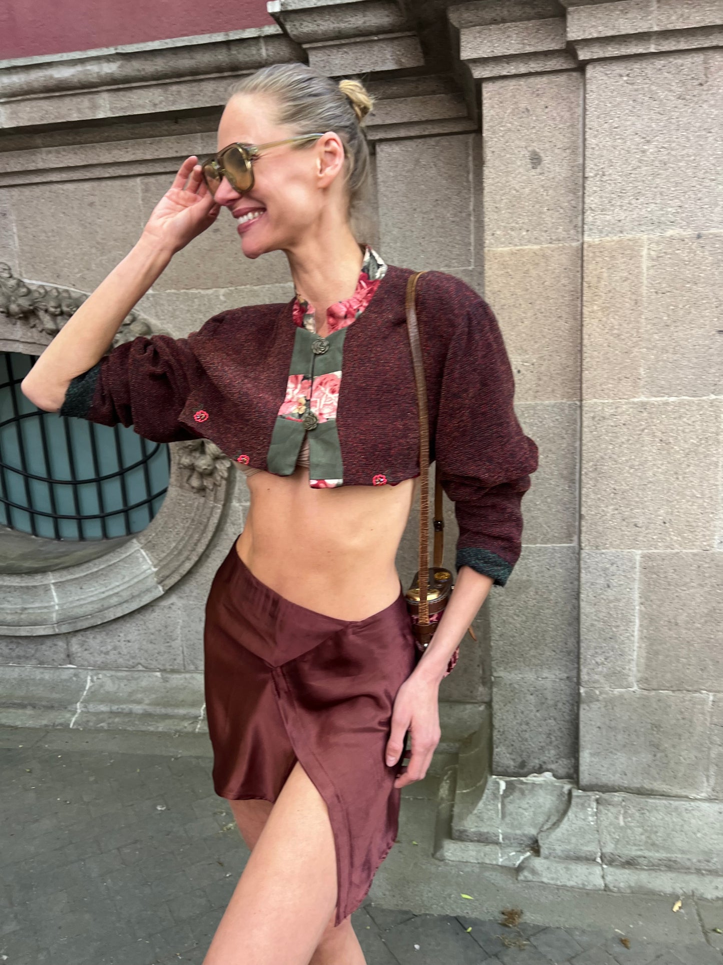 Aya mini flap skirt in deep bordeaux satin
