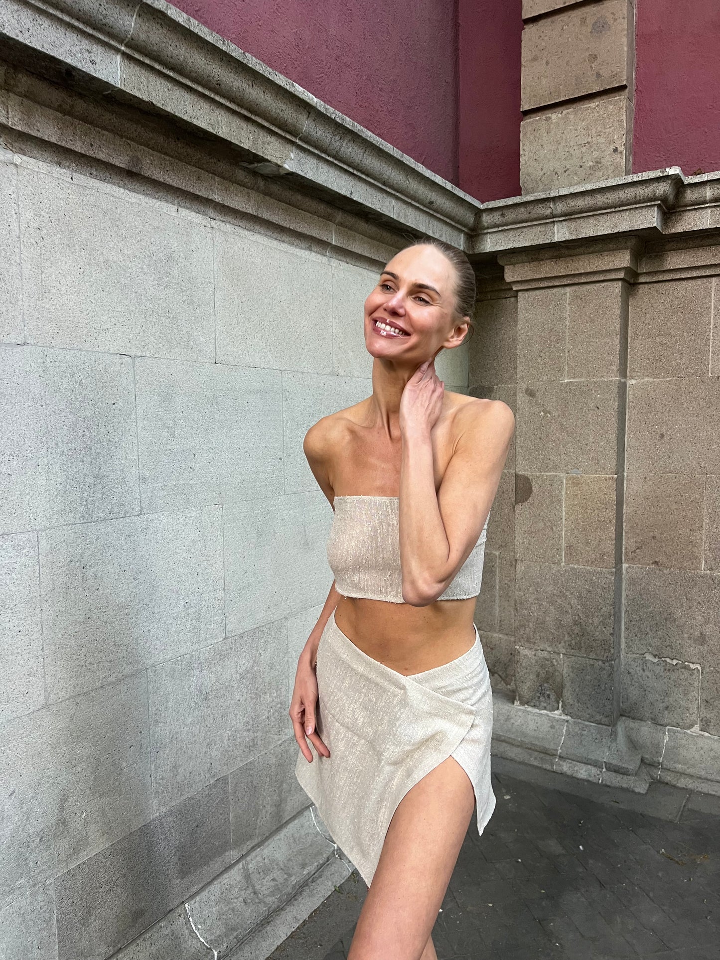 Aya mini flap skirt in grey linen