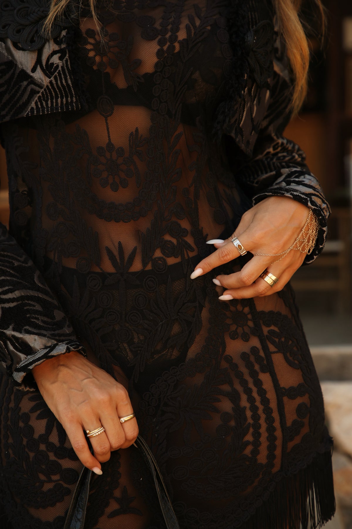 Hera Dress - black lace with fringe bottom